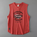 Red sleeveless shirt with graphic design on a gray background, Obroi