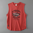Red sleeveless shirt with graphic design on a gray background, Obroi