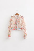 Flower Mesh Shirt Women's Pearl Buttons Tiered Transparent Blouse Short Top