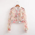 Flower Mesh Shirt Women's Pearl Buttons Tiered Transparent Blouse Short Top