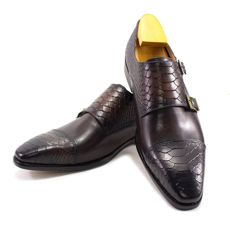 Luxury Double Buckle Monk Strap Men's Dress Shoes Genuine Leather Classic Crocodile Pattern Formal Business Office Footwear