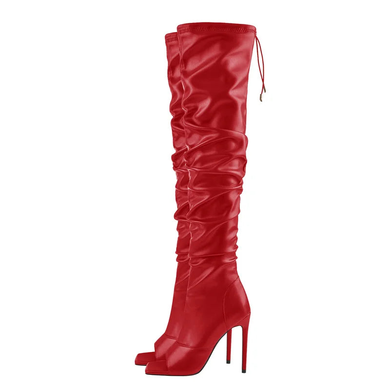 Women Peep Toe Black Matte Over The Knee Boots Concise Stiletto High Heel Zipper Boots