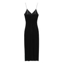 Sexy Women Shiny Strap Black Velvet Midi Dresses Front Ruching Slit Hem Female Christmas Party