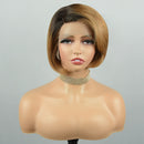 A short bob wig with a side part, featuring a dark brown root and warm golden-brown highlights, displayed on a mannequin bust against a light gray background, Obroi