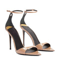 Pair of high-heeled sandals with black and beige design on a white background, Obroi
