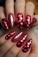 Nails with red and pink heart pattern on a neutral background, Obroi