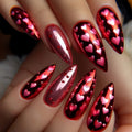 Nails with red and pink heart pattern on a neutral background, Obroi