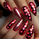Nails with red and pink heart pattern on a neutral background, Obroi