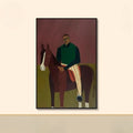 Framed painting of a jockey on a horse against a red background, Obroi