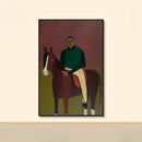 Framed painting of a jockey on a horse against a red background, Obroi