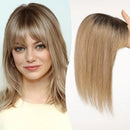 Blonde hair extension next to a woman with long blonde hair, Obroi