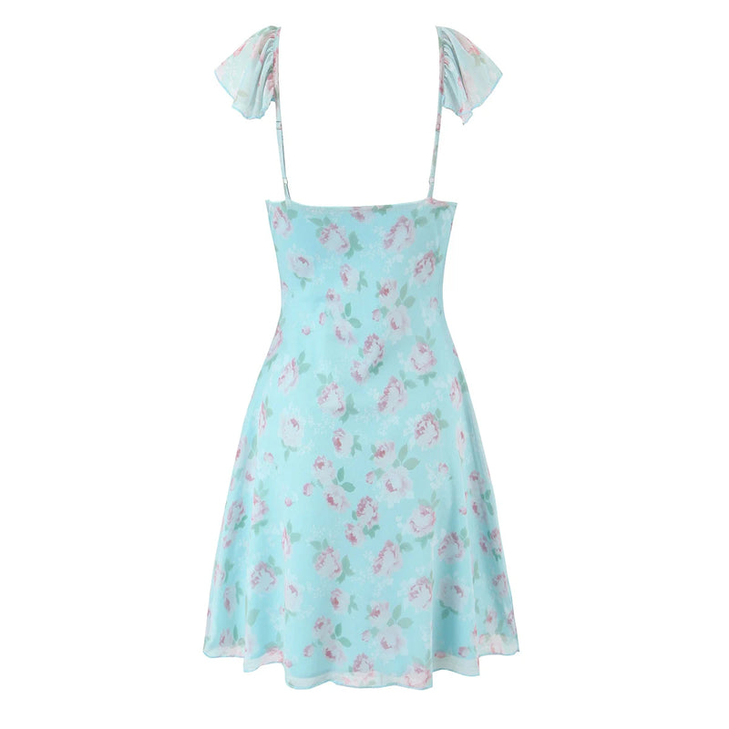 Floral Bow Ruffles Strap Sling Dress Women Backless Slim Waist Mini Sleeveless Tank Dresses Robe