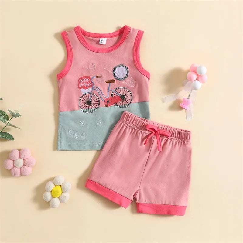Summer Toddler Baby Boy Outfits Sleeveless Cartoon Embroidery Tops Shorts Set Clothes