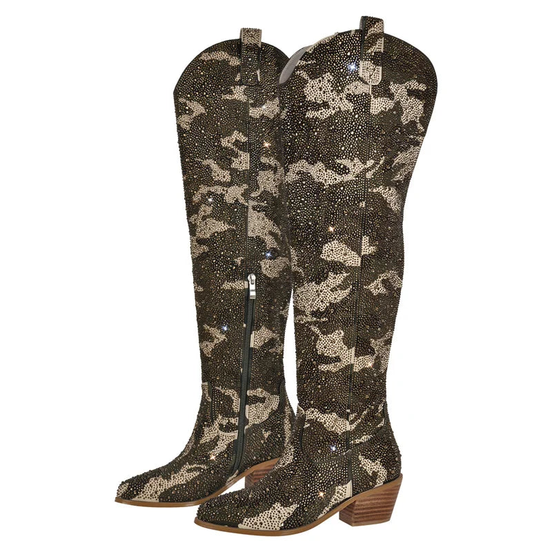 Women Pointed Toe Blue Rhinestone Over The Knee Boots Heel Handmade Female Bling Boots