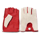 Red and white fingerless gloves with crochet detailing on a white background, Obroi