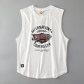 White sleeveless shirt with racing-themed graphic on a gray background, Obroi