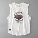 White sleeveless shirt with racing-themed graphic on a gray background, Obroi