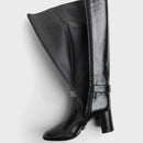 Women's Black Patent Leather Boots Rhinestone Square Buckle Decor Round Toe Side Zipper Long Boots
