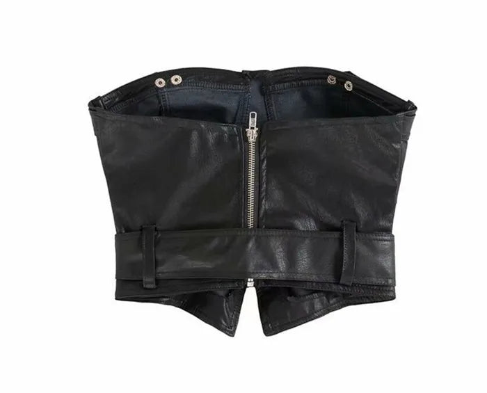 Summer Sexy Corset Belt Black Leather Tank Top Strapless Backless Cropped Women Sashes Buckles Skinny Short Top