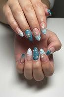 30Pcs 3D Shell-Starfishs Nail Tips Ocean Blue Resin Press On Nails With Wave-Design For Summer Beach Party