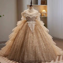 Children Pearls Sequin Evening Gown Wedding Birthday Catwalk Host Party Girls Trailing Dress