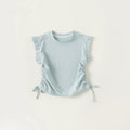Light blue sleeveless top with ruffled shoulders on a light gray background, Obroi
