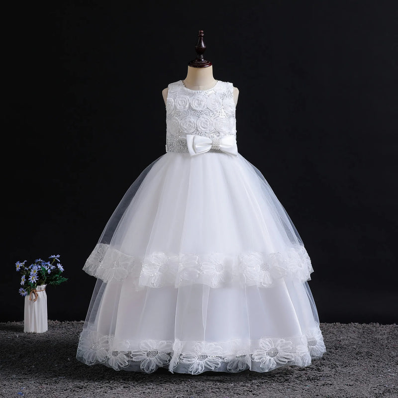 Bridesmaid Flower Girl Dress For Wedding Party Elegant Kids Bow Long Gown