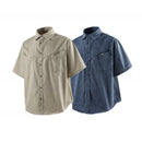Two short-sleeve button-up shirts, one beige and one blue, on a white background, Obroi