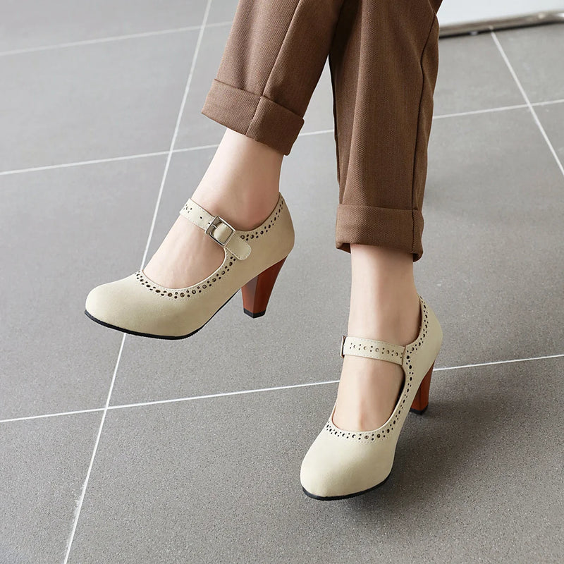 Women's Leather Perforated Oxfords Brogue Shoes for Vintage Hollow Spike Heel Pumps