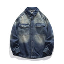 Blue denim shirt with a brand logo in the corner on a white background