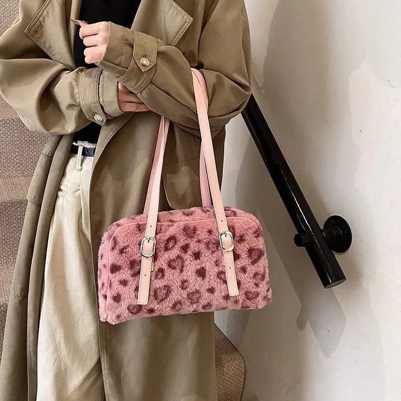 Leopard Pink Handbag Women Autumn Winter Plush Soft Shoulder Bags Female Purse