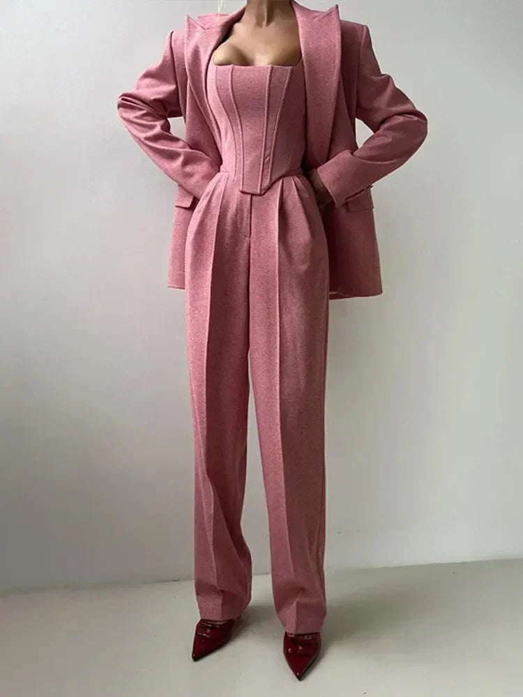 Top Blazer Pants Sets 3 Pieces For Women Solid Jacket Crop Tops High Waist Pocket Pant Lady Office Set