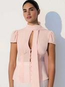 Pink Slim Women's Shirt Summer Lace-Up Neck Single Breasted Shirts Casual Pleated Shirts Female