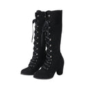 Medieval Victorian Women Knee High Boots Gothic Suede Chunky Heel Lace Up Mid Calf Shoes Cosplay Costume