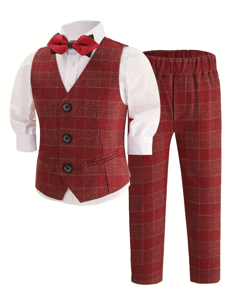 Boys Plaid Vest Pants Bowtie 3Pieces Formal Wedding Birthday Outfit Suit Kids