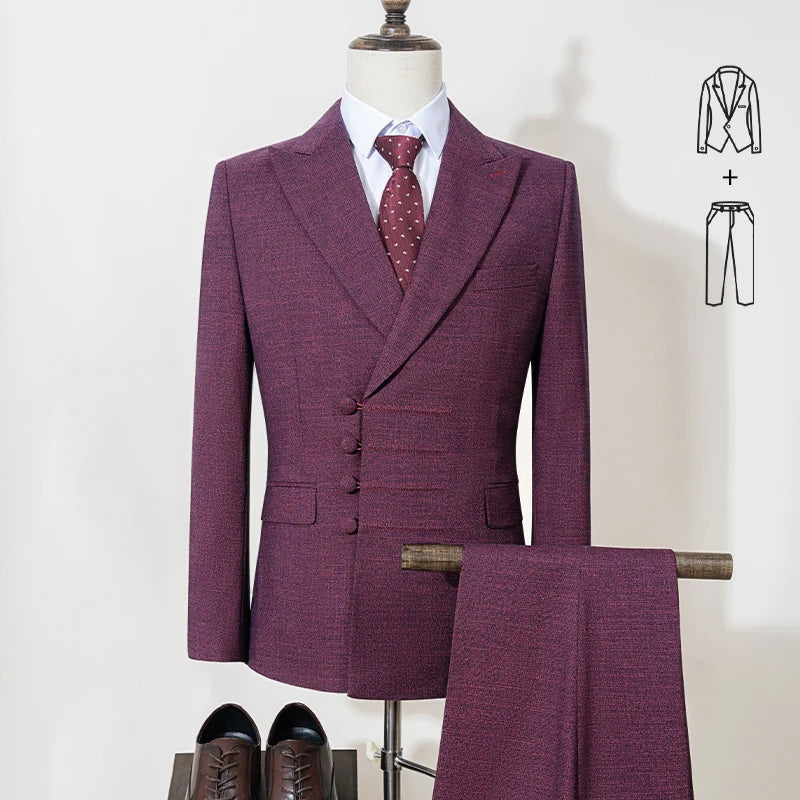 Elegant man suit for wedding peach Slim Fit Double Breasted Multiple buttons Casual Business man 2 piece outfit set