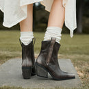 Brown ankle boots worn with white socks on a blurred natural background, Obroi