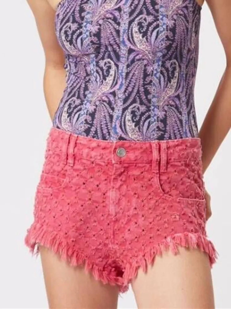 Women Hollow out Denim Shorts High Waist Tassels Loose Summer Female Jeans