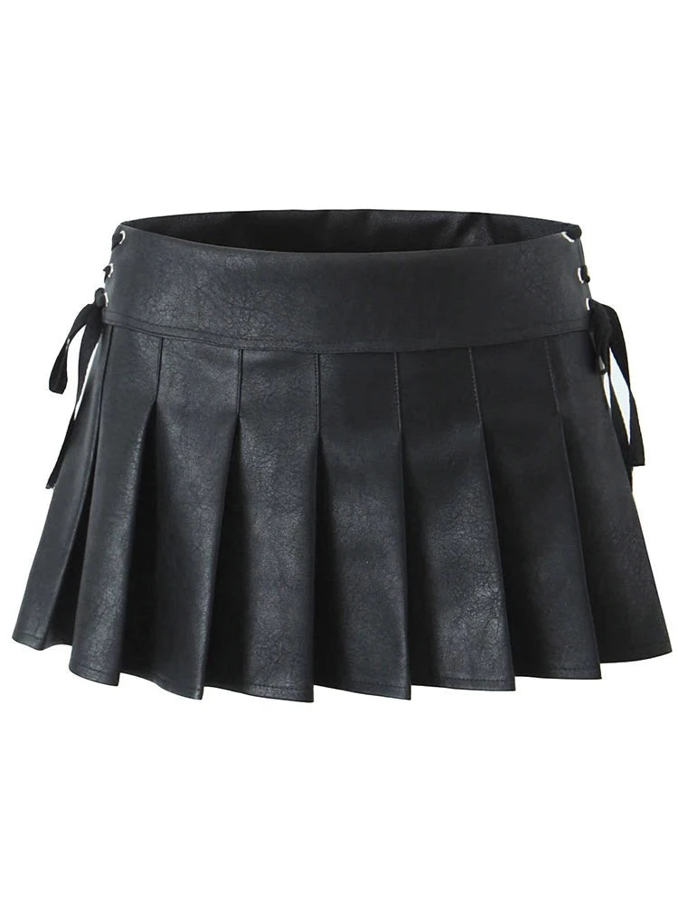 Women Sweet Pleated Mini Skirt Sexy Low Waist Super Short Skirts Chic Leather Slim Skirts