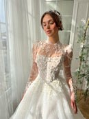 Appliques Pearl Cut-out Ball Gown Prom Dresses Floor-Length Mesh Long Sleeves Formal