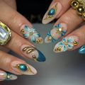 24Pcs Gradient French Press on Nails with Flower Pearl Manicure Tips Almond Golden Vine Reusable Finger Nail