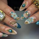 24Pcs Gradient French Press on Nails with Flower Pearl Manicure Tips Almond Golden Vine Reusable Finger Nail