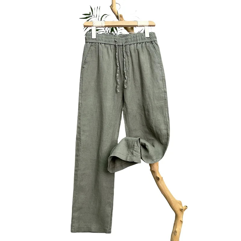 Linen Natural Pure Breathable Summer Linen Slim Fit Men Loose Straight Casual Pants