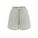 Retro Women Summer Plaid Straight Shorts Bow Drawstring Waist Wide Leg Loose Casual Short Pants