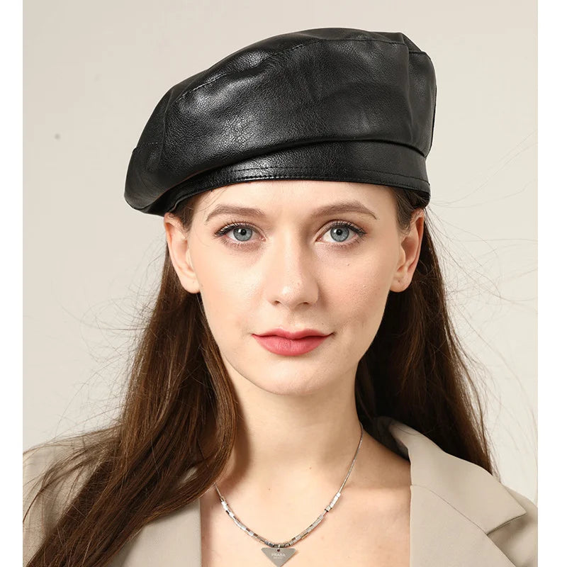 Girl Leather Beret Beanie Hat Cap Women Plain Beret Hats Solid Color Elegant Lady Artist Caps Belt Beanies