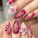Almond Full Cover False Nails with Flower Design Press on Nails Red Smudge Wearable Fake Nail Tip