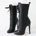 Black high-heeled lace-up boots on a white background, Obroi