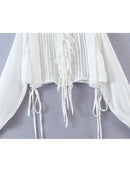 Autumn Blouses Women Cropped Top Casual Lapel Collar Folds Tie Long Sleeve Short Shirt Female