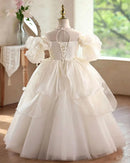 White Flower Girl Dress with Puff Sleeves Floral Applique Tulle Princess Ball Gown for Kids Dress