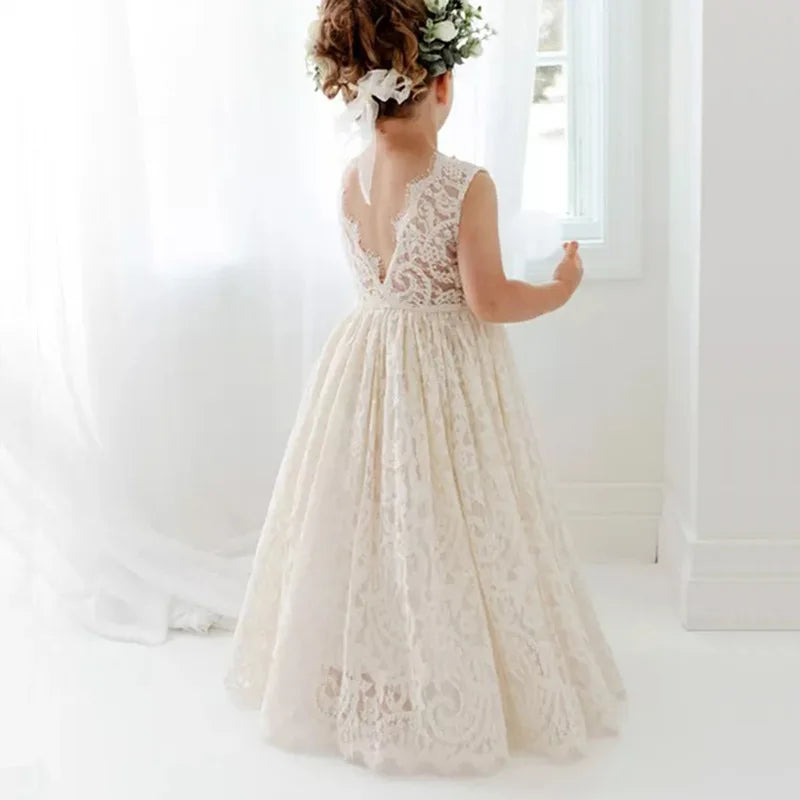 Children's Dress Girls Open Back Lace Skirt Flower Girl Fashionable Wedding Dress Bridesmaid Dress Graduation